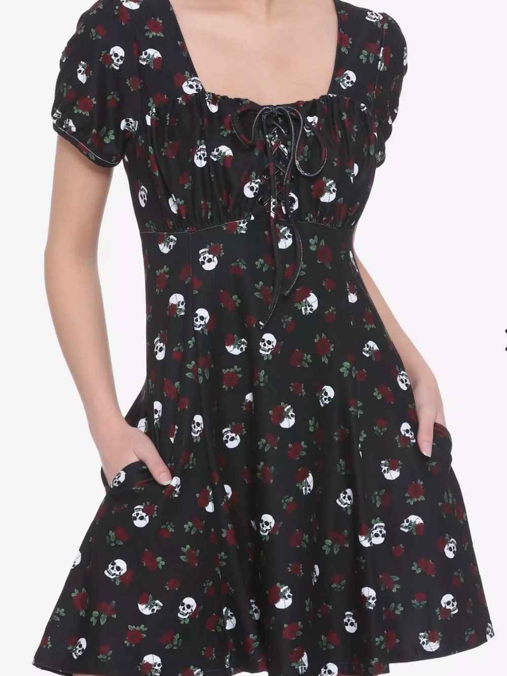 Hot Topic Black Skull & Rose Lace-Up Midi Dress
